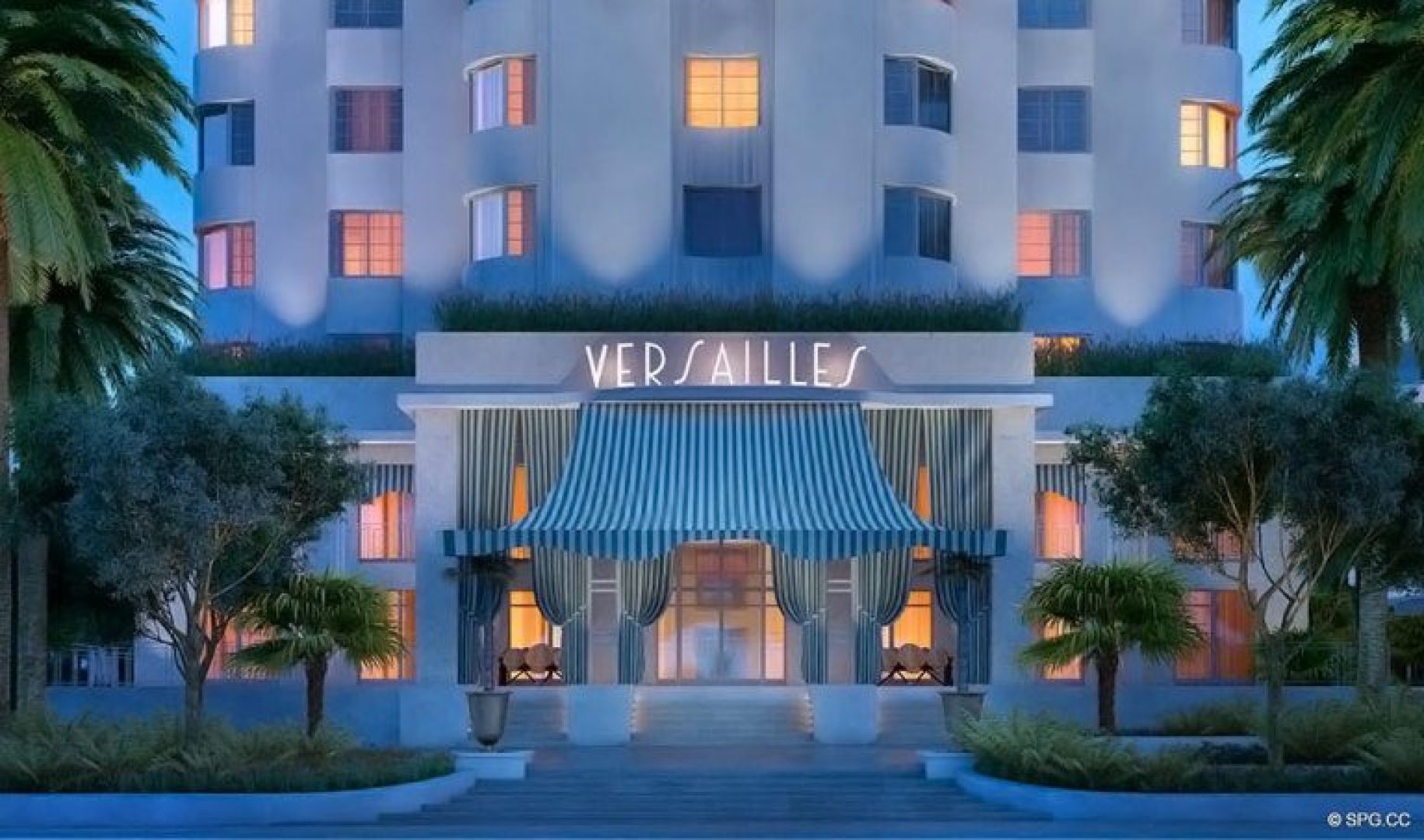 Evening Entrance at Faena Versailles Classic, Luxury Oceanfront Condos in Miami Beach, Florida 33140
