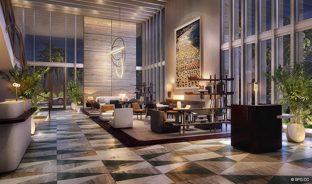 Lobby at Night at The Four Seasons Private Residences Fort Lauderdale, Luxury Oceanfront Condos in Fort Lauderdale, Florida 33304.