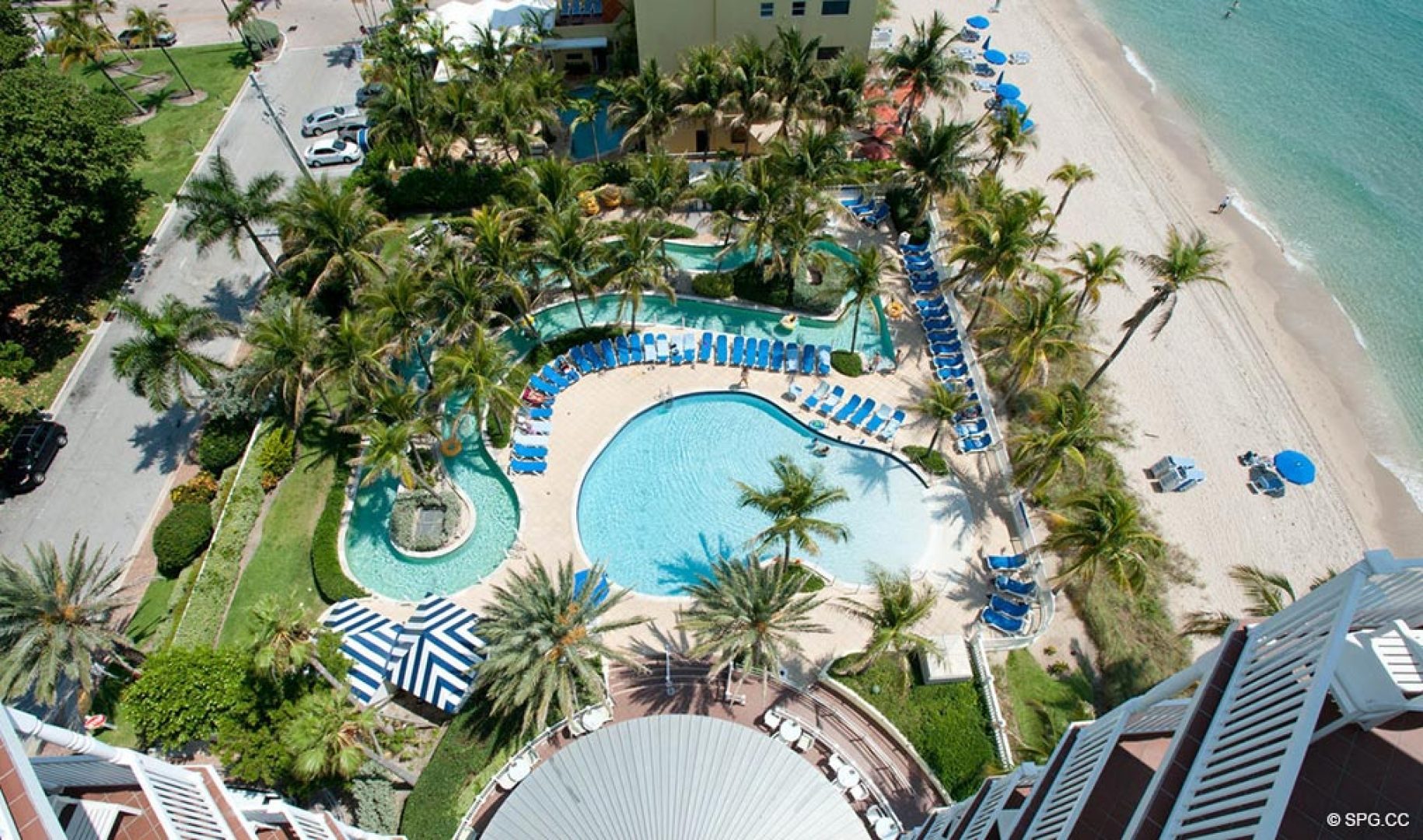 Aerial View of Pool and Lazy River at Pelican Grand Beach Resort, Luxury Oceanfront Condos in Fort Lauderdale
