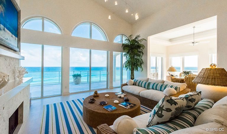 Living Room with 17ft Vaulted Ceilings in Penthouse 7 at Bellaria, Luxury Oceanfront Condominiums in Palm Beach, Florida 33480.