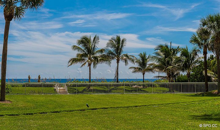 View of Grounds and Ocean from Residence R1C1 at The Stratford, Luxury Oceanfront Condominiums in Palm Beach, Florida 33480.