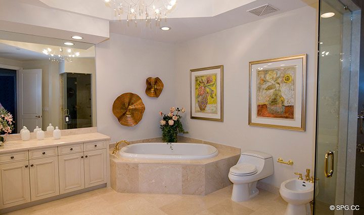 Luxurious Master Bath in Residence 304 at Bellaria, Luxury Oceanfront Condominiums in Palm Beach, Florida 33480.