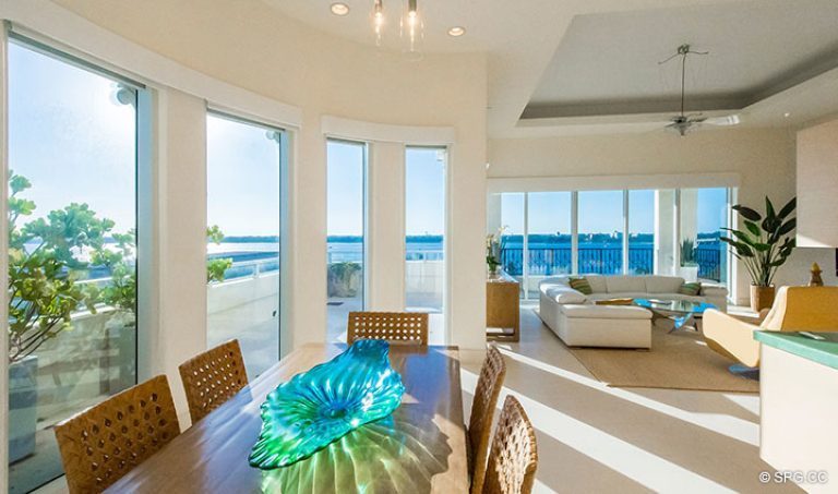 Dining Room Leading to Family Room in Penthouse 7 at Bellaria, Luxury Oceanfront Condominiums in Palm Beach, Florida 33480.