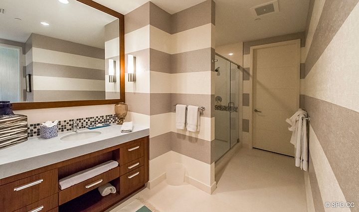 Guest Bathroom in Residence 501 For Sale at 1000 Ocean, Luxury Oceanfront Condos in Boca Raton, Florida 33432.