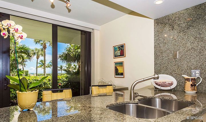 Kitchen Views in Residence R1C1 at The Stratford, Luxury Oceanfront Condominiums in Palm Beach, Florida 33480.