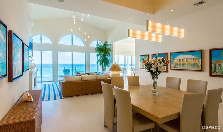 Dining Room and Living Room in Penthouse 7 at Bellaria, Luxury Oceanfront Condominiums in Palm Beach, Florida 33480.