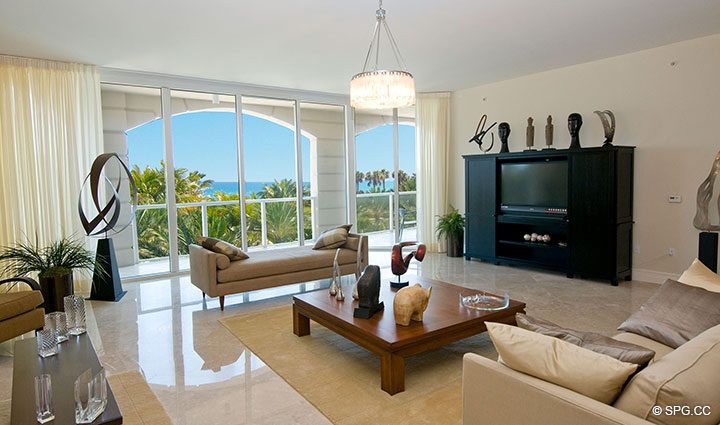 Living Room with Terrace Access in Residence 304 at Bellaria, Luxury Oceanfront Condominiums in Palm Beach, Florida 33480.