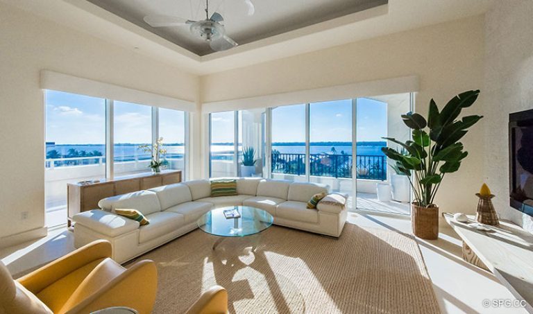 Family Room Terrace Access inside Penthouse 7 at Bellaria, Luxury Oceanfront Condominiums in Palm Beach, Florida 33480.