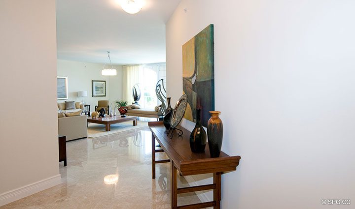 Foyer Leading into Living Room in Residence 304 at Bellaria, Luxury Oceanfront Condominiums in Palm Beach, Florida 33480.