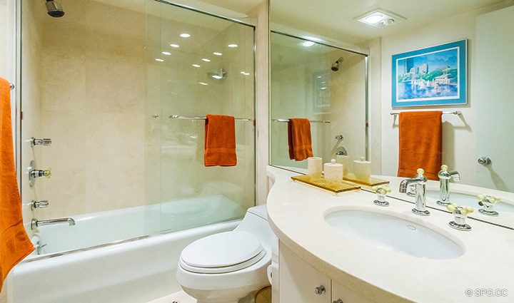 Guest Bathroom in Residence R1C1 at The Stratford, Luxury Oceanfront Condominiums in Palm Beach, Florida 33480.