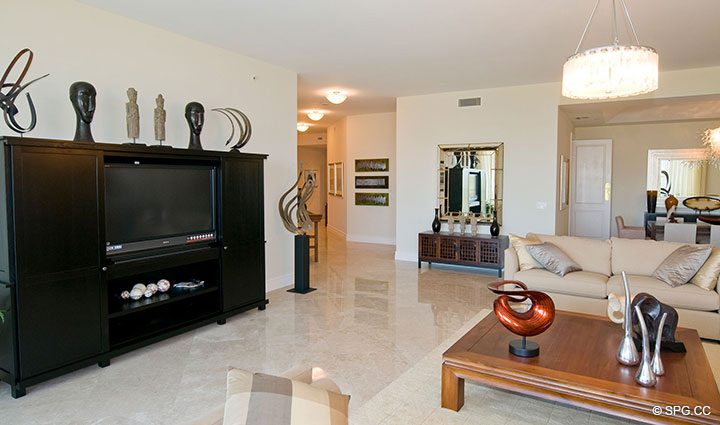 Spacious Living Room inside Residence 304 at Bellaria, Luxury Oceanfront Condominiums in Palm Beach, Florida 33480.