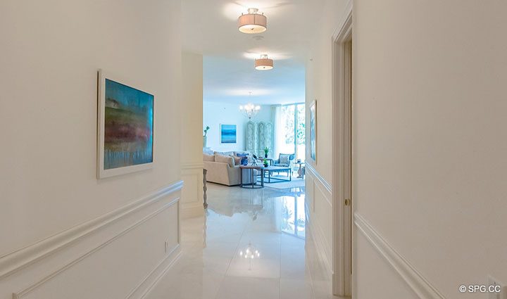 Hallway to Living Room in Residence 204 at Bellaria, Luxury Oceanfront Condominiums in Palm Beach, Florida 33480.