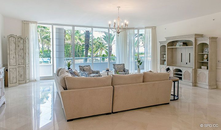 Living Room with Terrace Access in Residence 204 at Bellaria, Luxury Oceanfront Condominiums in Palm Beach, Florida 33480.
