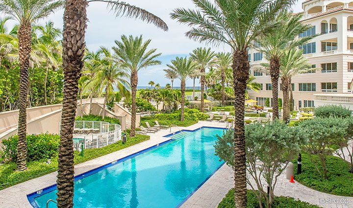 Poolside Terrace for Residence 204 at Bellaria, Luxury Oceanfront Condominiums in Palm Beach, Florida 33480.