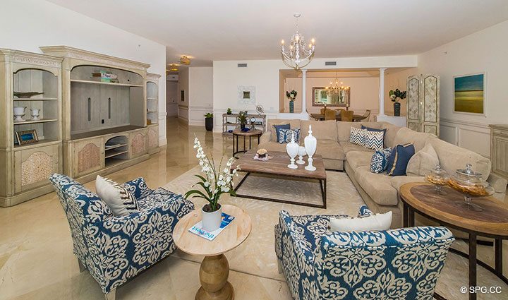 Beautiful Open Living Room in Residence 204 at Bellaria, Luxury Oceanfront Condominiums in Palm Beach, Florida 33480.