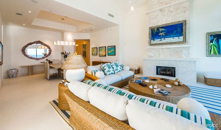 Living Room and Dining Room in Penthouse 7 at Bellaria, Luxury Oceanfront Condominiums in Palm Beach, Florida 33480.