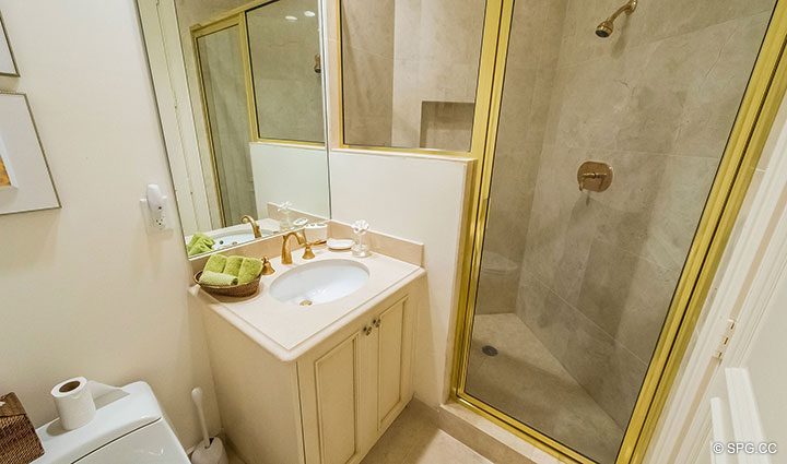 Guest Bathroom in Residence 204 at Bellaria, Luxury Oceanfront Condominiums in Palm Beach, Florida 33480.