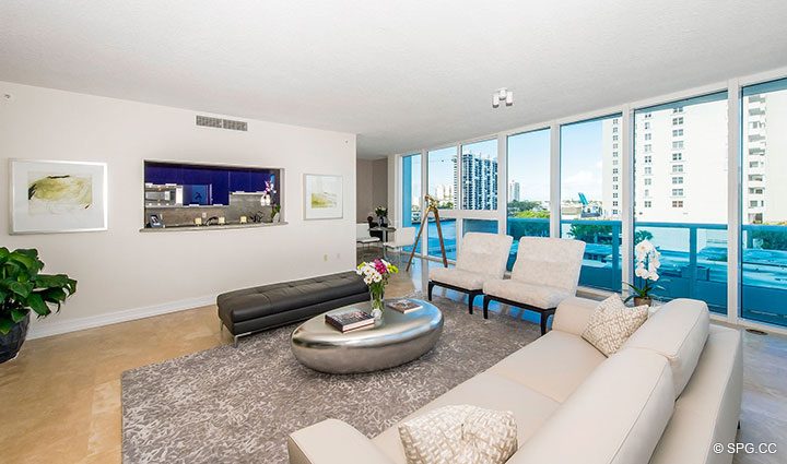 Living Room in Residence 504 at La Rive, Luxury Waterfront Condos in Fort Lauderdale, Florida 33304.