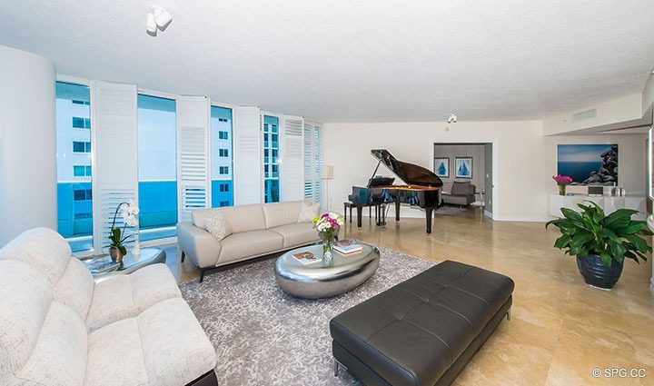 Living Room inside Residence 504 at La Rive, Luxury Waterfront Condos in Fort Lauderdale, Florida 33304.