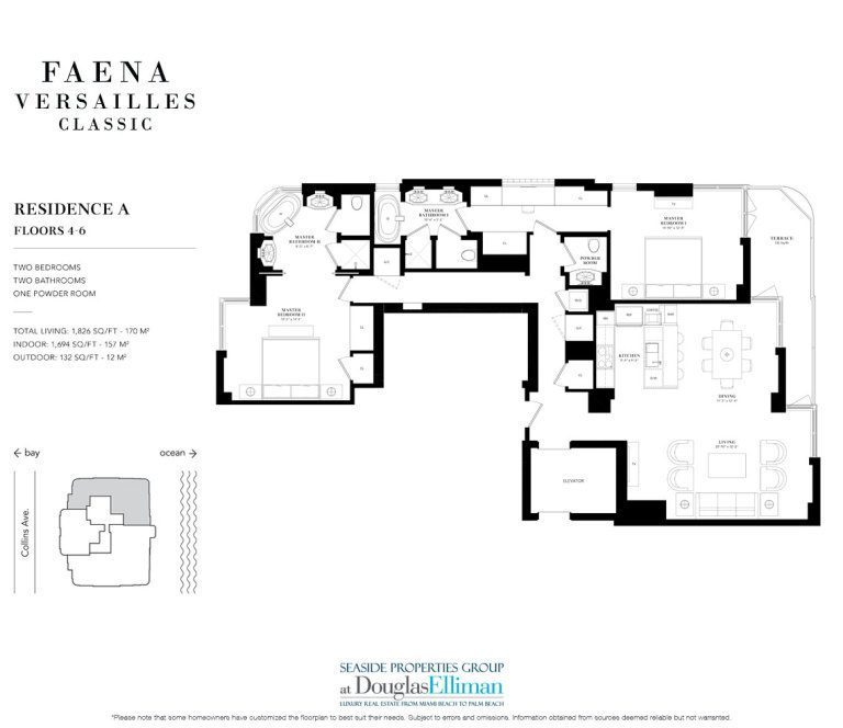 The Residence 4-6 A Floorplan for Faena Versailles Classic, Luxury Oceanfront Condos in Miami Beach, Florida 33140