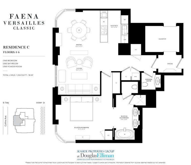 The Residence 4-6 C Floorplan for Faena Versailles Classic, Luxury Oceanfront Condos in Miami Beach, Florida 33140