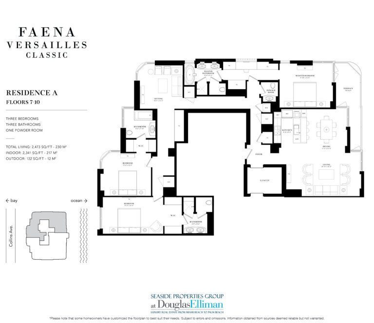 The Residence 7-10 A Floorplan for Faena Versailles Classic, Luxury Oceanfront Condos in Miami Beach, Florida 33140