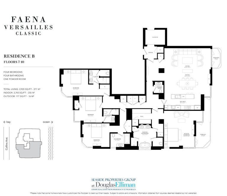 The Residence 7-10 B Floorplan for Faena Versailles Classic, Luxury Oceanfront Condos in Miami Beach, Florida 33140