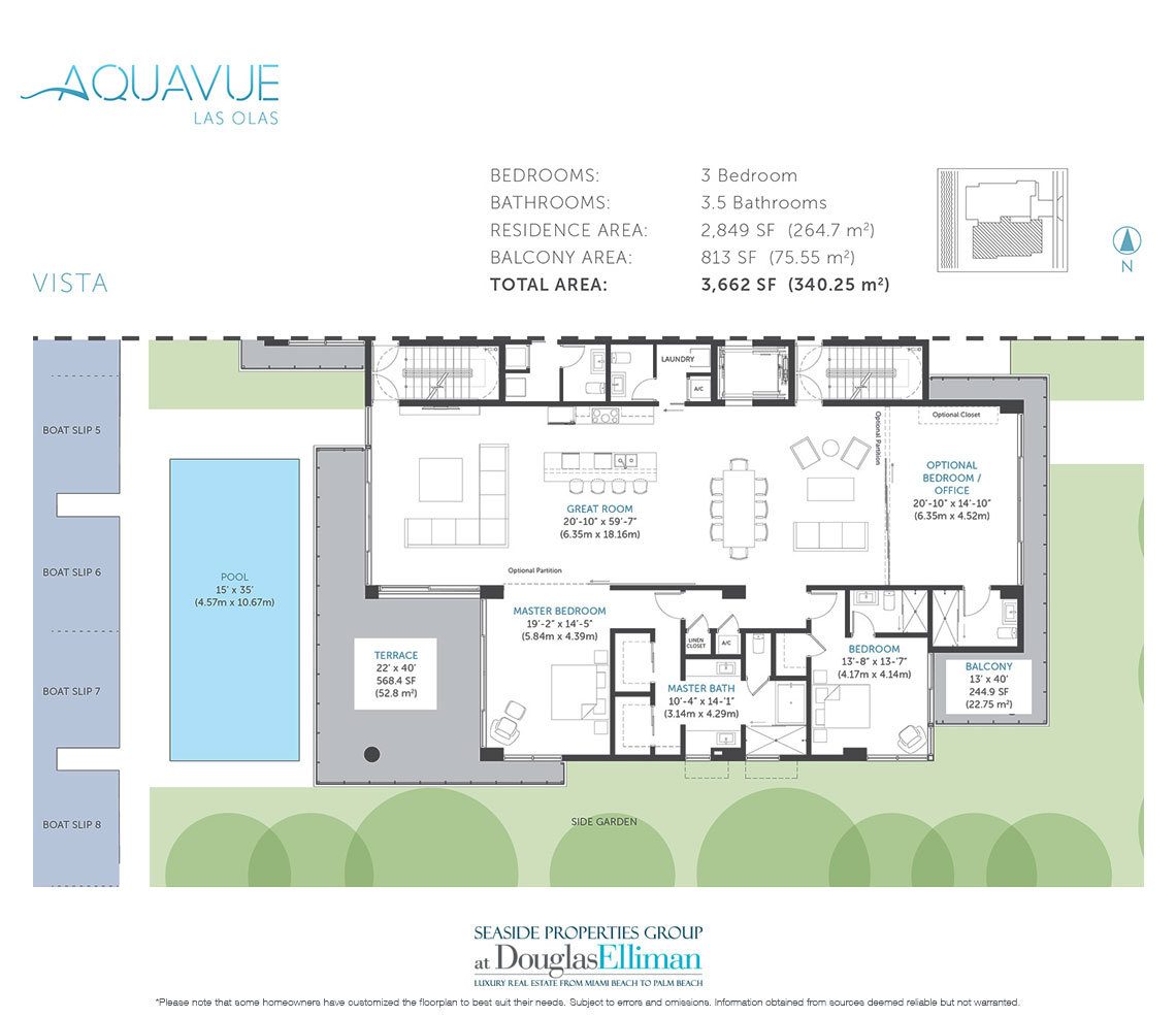 The Vista Model Floorplan for AquaVue Las Olas, Luxury Waterfront Condos in Fort Lauderdale, Florida 33301