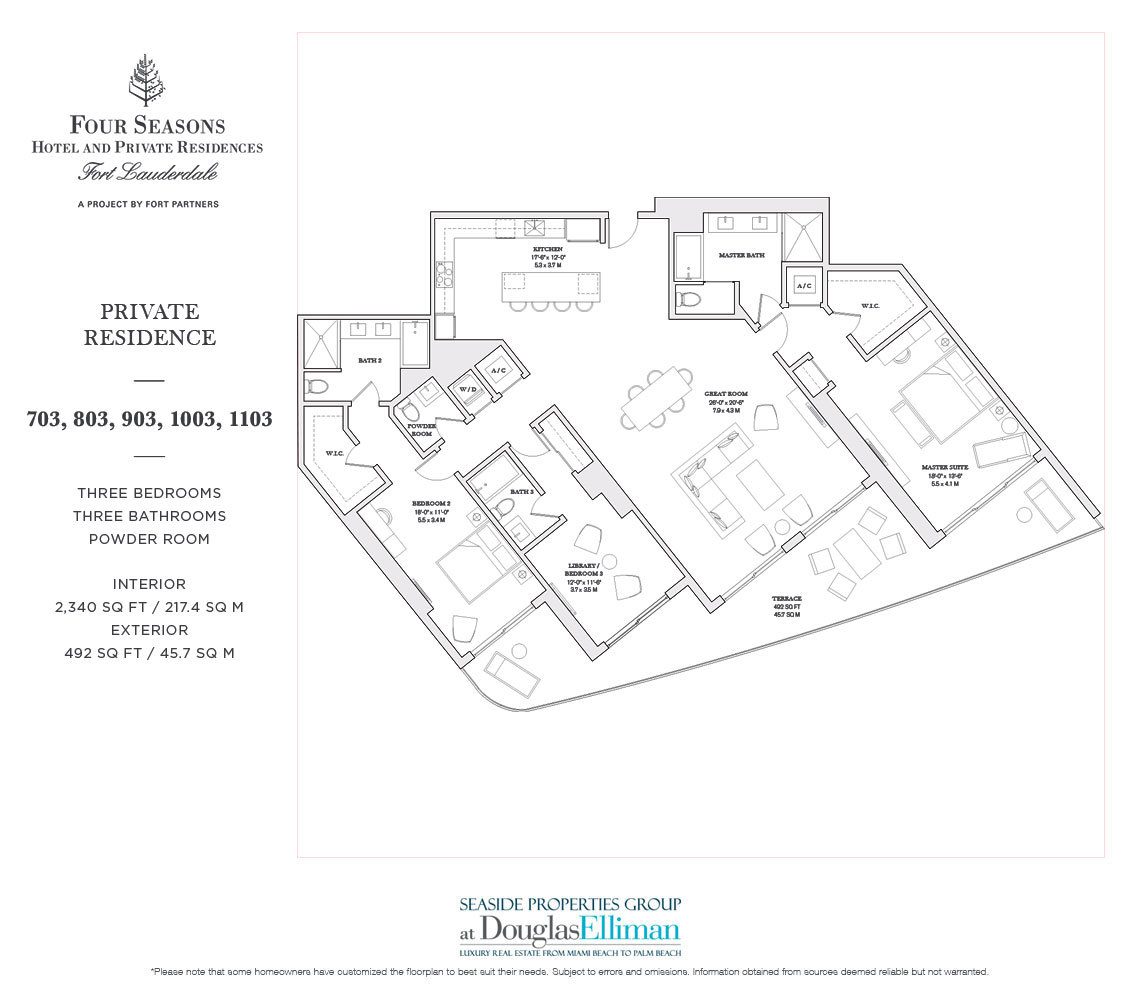 The 703-1103 Model Floorplan for the Four Seasons Private Residences Fort Lauderdale, Luxury Oceanfront Condos in Fort Lauderdale, Florida 33304.