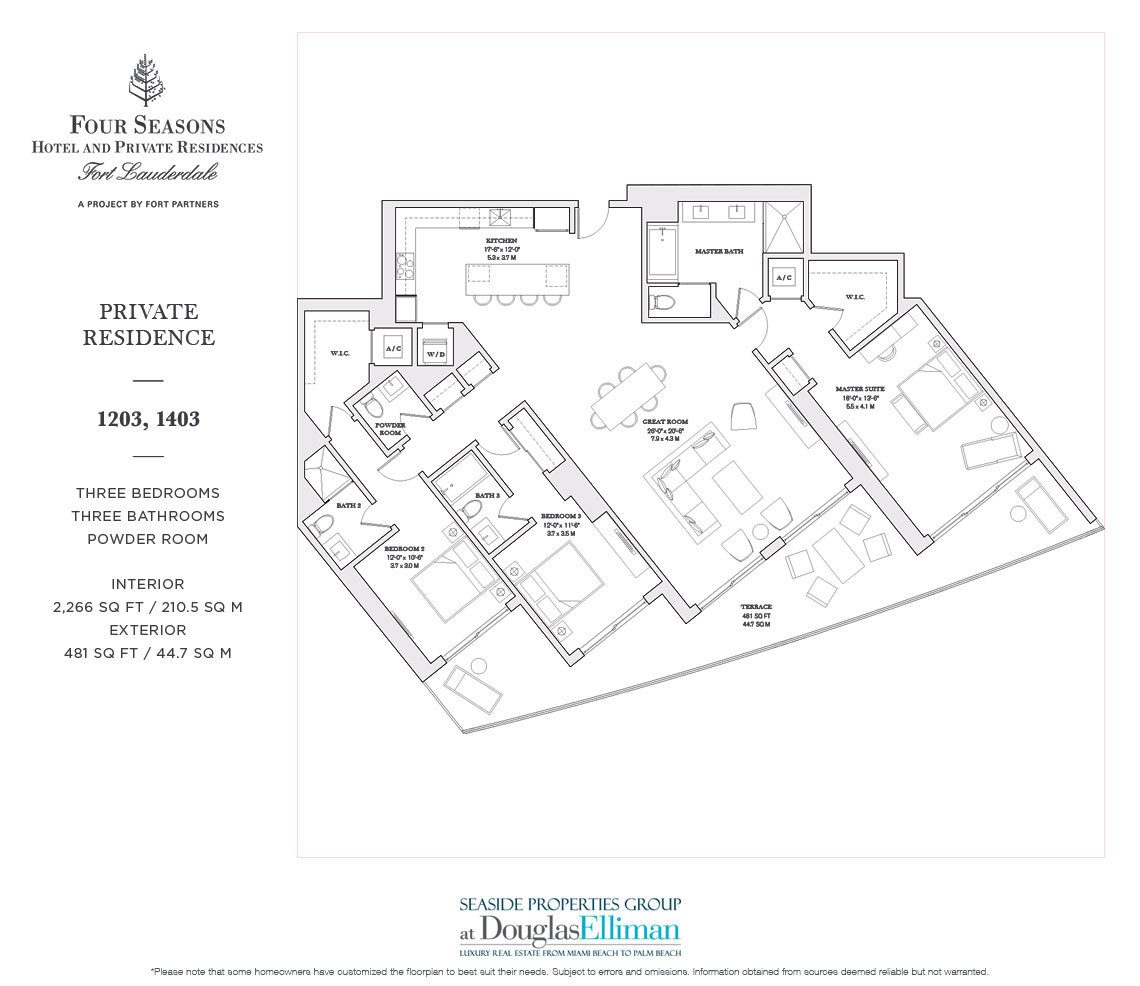 The 1203, 1403 Model Floorplan for the Four Seasons Private Residences Fort Lauderdale, Luxury Oceanfront Condos in Fort Lauderdale, Florida 33304.