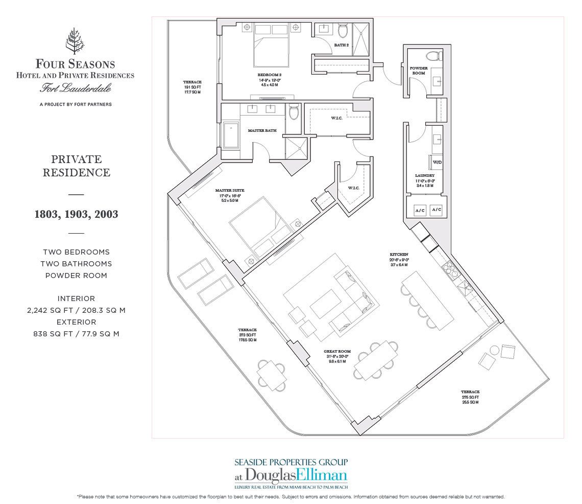 The 1803-2003 Model Floorplan for the Four Seasons Private Residences Fort Lauderdale, Luxury Oceanfront Condos in Fort Lauderdale, Florida 33304.