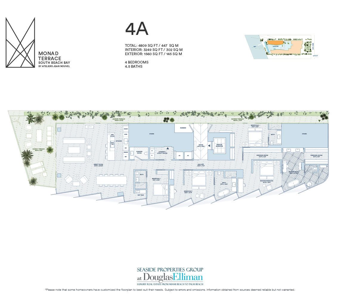 The 4A Model Floorplan for Monad Terrace, Luxury Waterfront Condos in South Beach, Miami, Florida 33139.