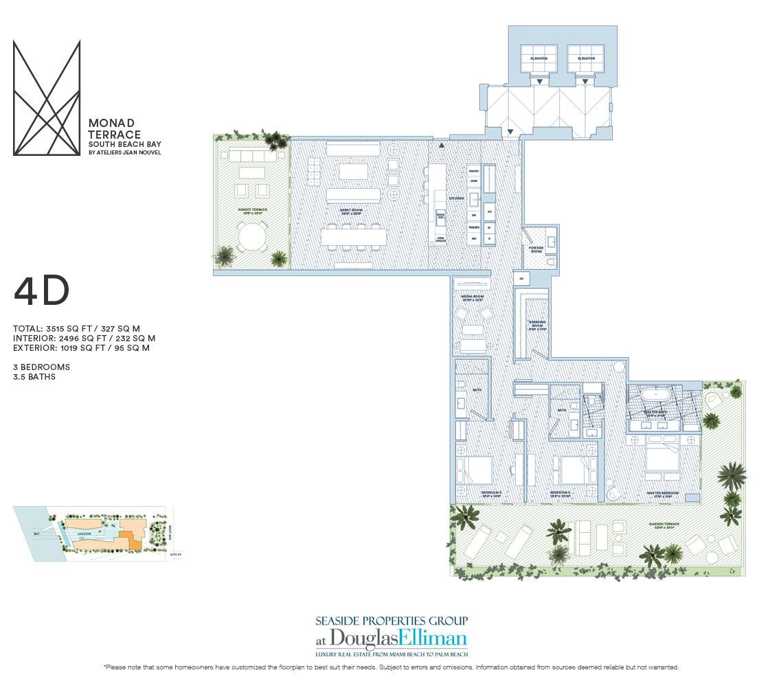 The 4D Model Floorplan for Monad Terrace, Luxury Waterfront Condos in South Beach, Miami, Florida 33139.
