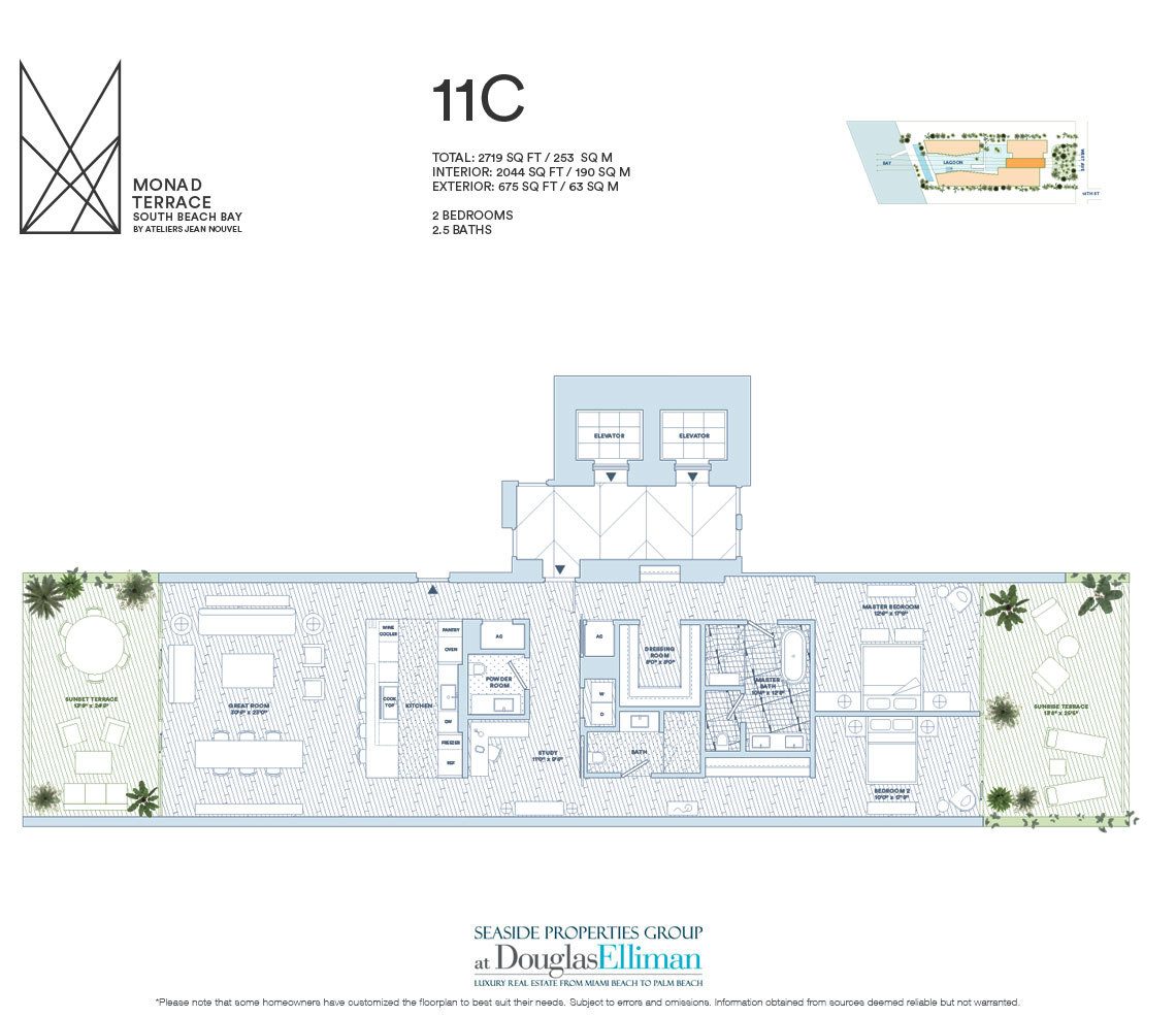 The 11C Model Floorplan for Monad Terrace, Luxury Waterfront Condos in South Beach, Miami, Florida 33139.