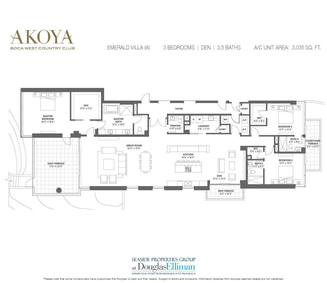 The Emerald Villa (A) Model Floorplan at Akoya Boca West, Luxury Condos in Boca Raton, Florida 33432.