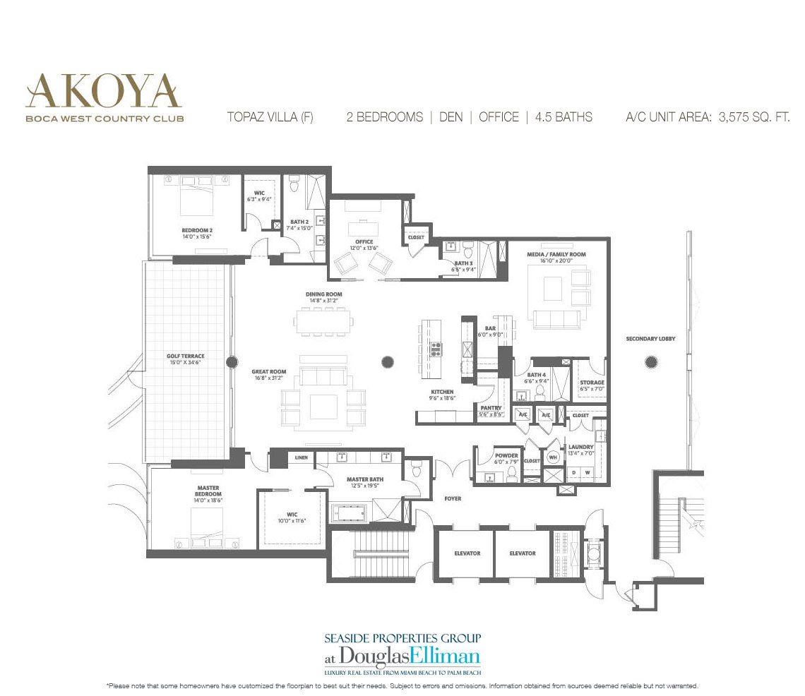 The Topaz Villa (F) Model Floorplan at Akoya Boca West, Luxury Condos in Boca Raton, Florida 33432.