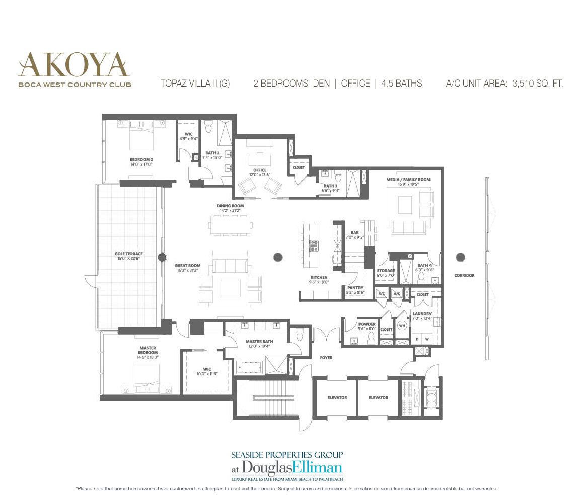 The Topaz Villa II (G) Model Floorplan at Akoya Boca West, Luxury Condos in Boca Raton, Florida 33432.