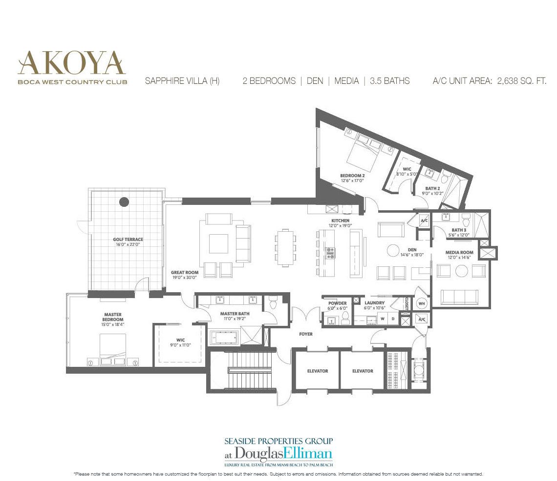 The Sapphire Villa (H) Model Floorplan at Akoya Boca West, Luxury Condos in Boca Raton, Florida 33432.