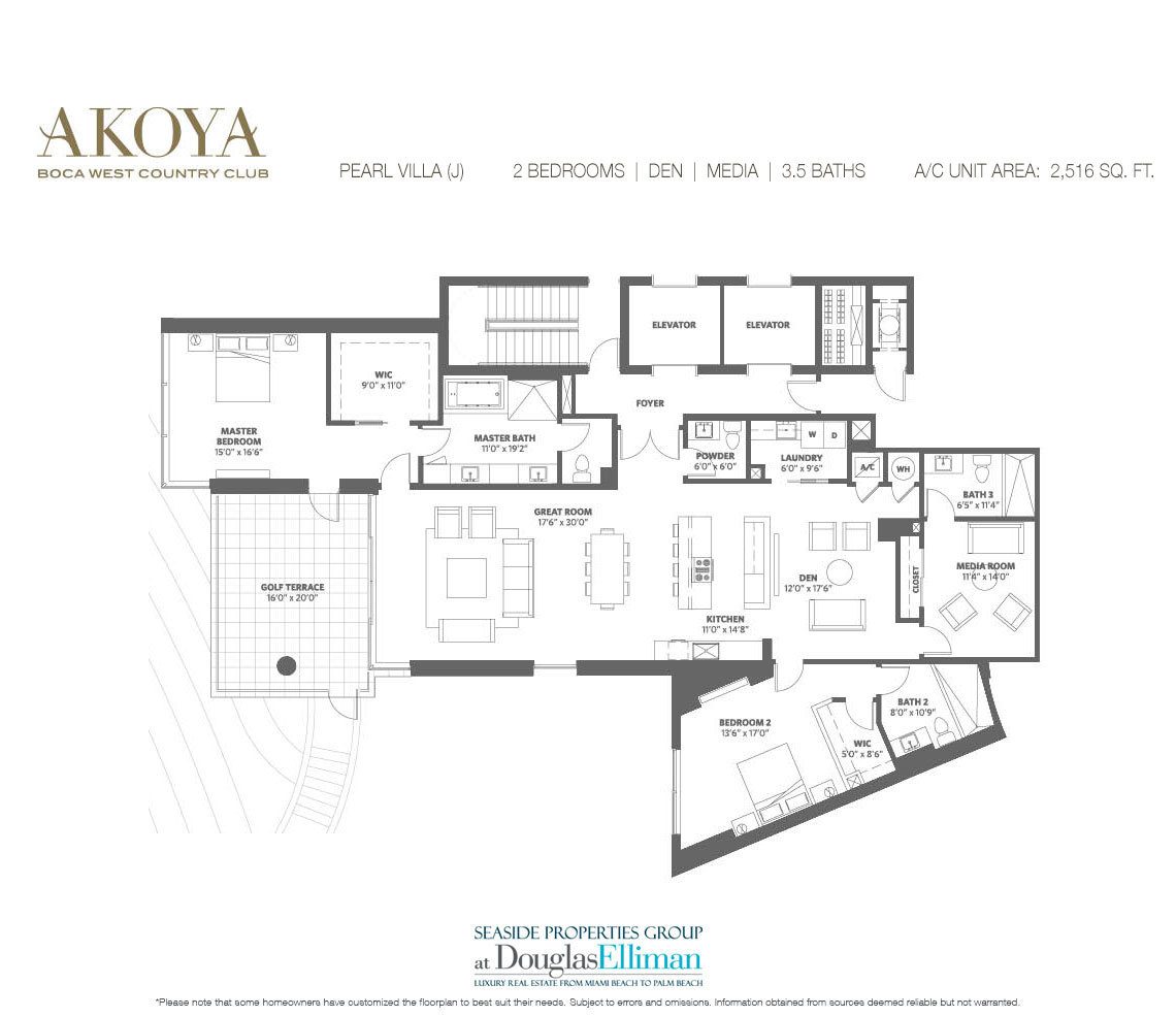 The Pearl Villa (J) Model Floorplan at Akoya Boca West, Luxury Condos in Boca Raton, Florida 33432.