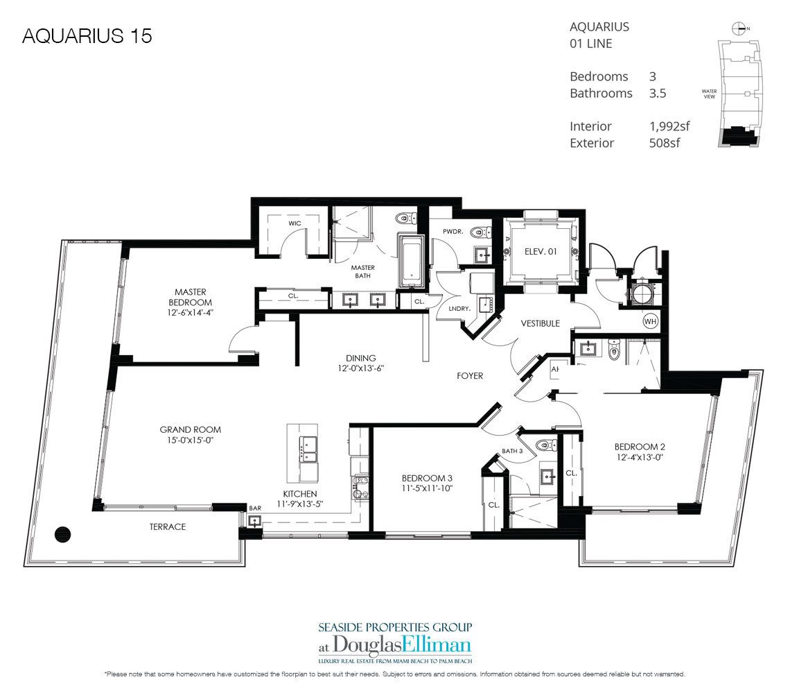 The Residence 01 Model Floorplan at Aquarius 15, Luxury Waterfront Condos in Fort Lauderdale, Florida 33304