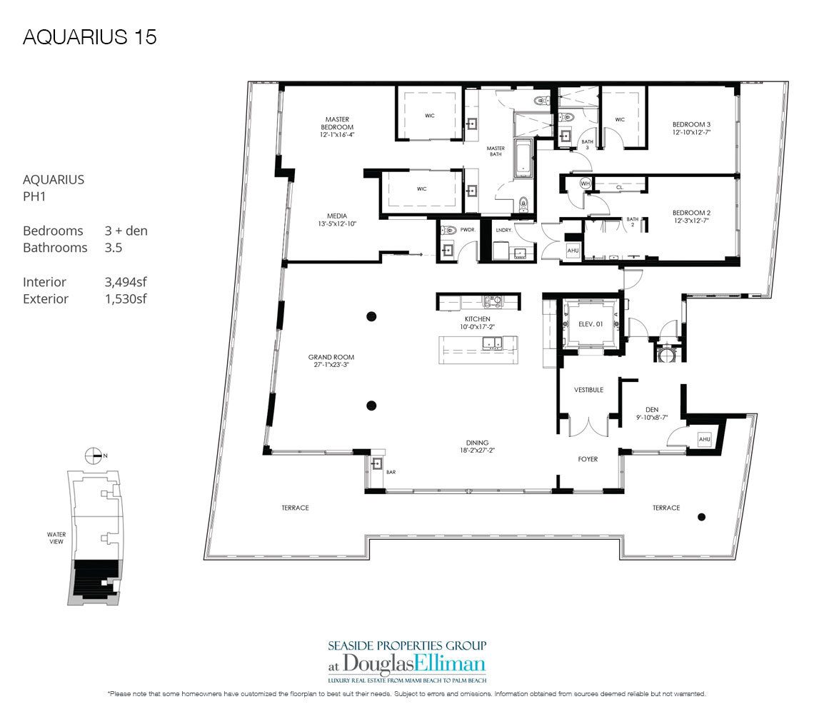The Penthouse 01 Model Floorplan at Aquarius 15, Luxury Waterfront Condos in Fort Lauderdale, Florida 33304