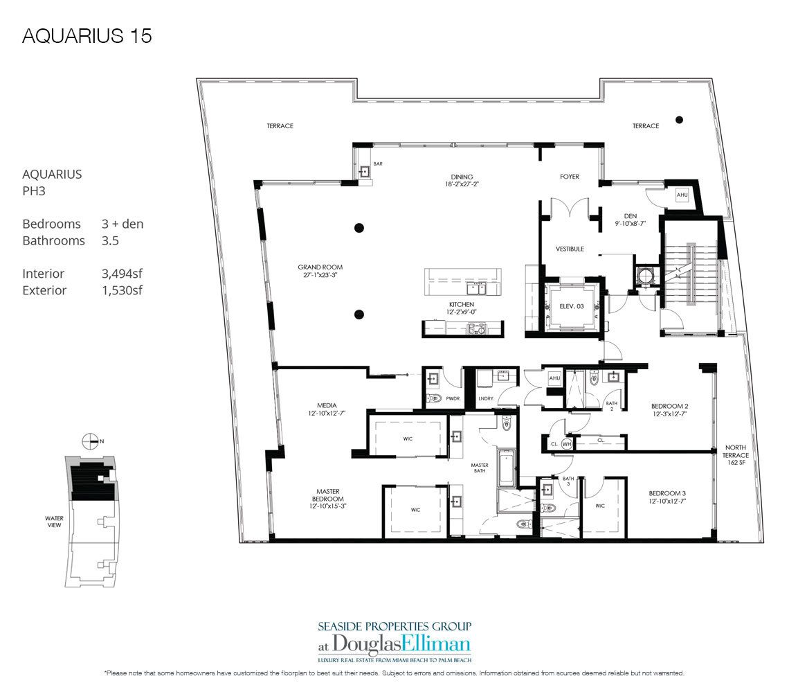 The Penthouse 03 Model Floorplan at Aquarius 15, Luxury Waterfront Condos in Fort Lauderdale, Florida 33304