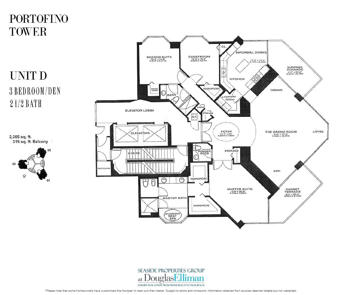 The Unit D Floorplan for Portofino Tower, Luxury Waterfront Condos in Miami Beach, Florida 33139
