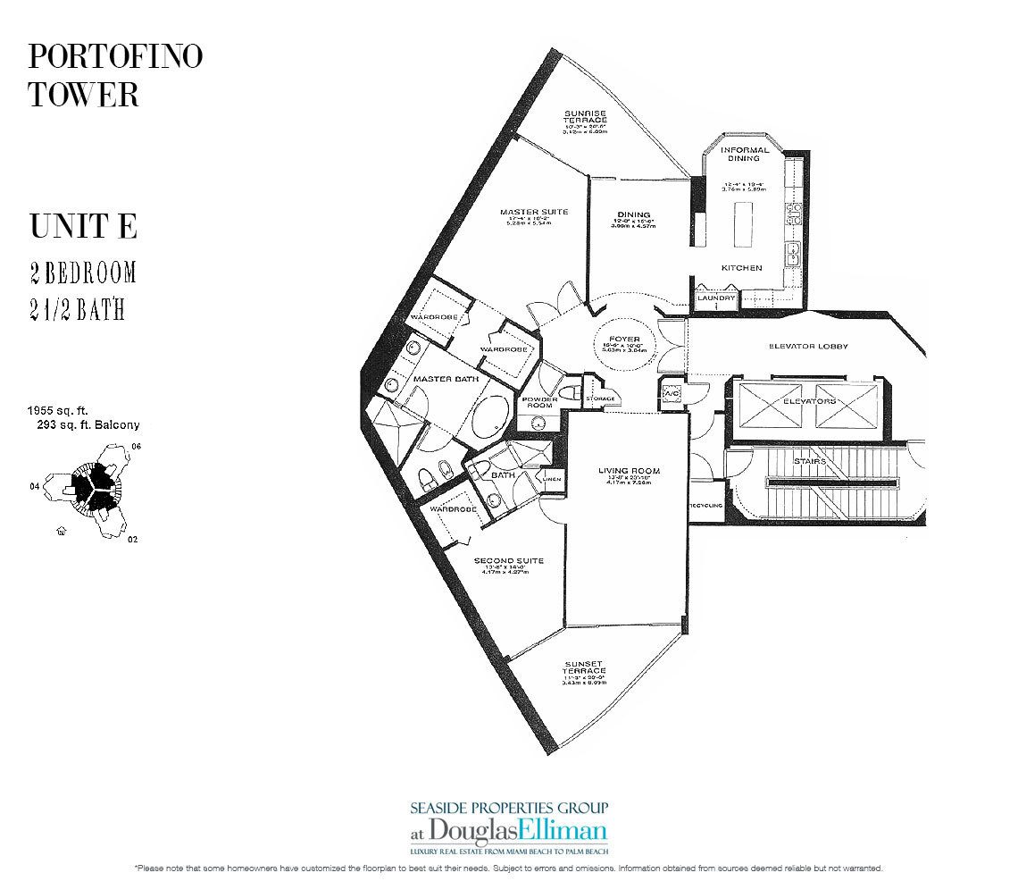 The Unit E Floorplan for Portofino Tower, Luxury Waterfront Condos in Miami Beach, Florida 33139