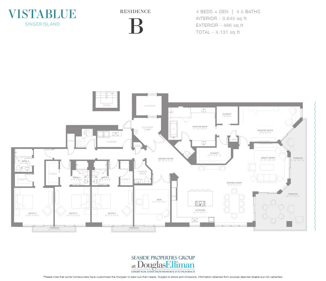 The Residence B Floorplan at VistaBlue Singer Island, Luxury Oceanfront Condos in Riviera Beach, Florida 33404.