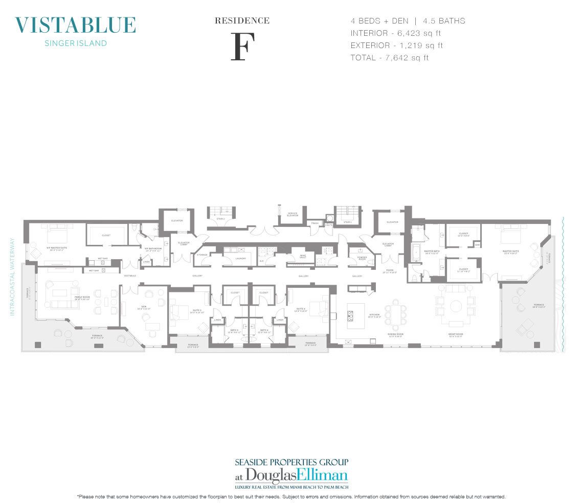 The Residence F Floorplan at VistaBlue Singer Island, Luxury Oceanfront Condos in Riviera Beach, Florida 33404.