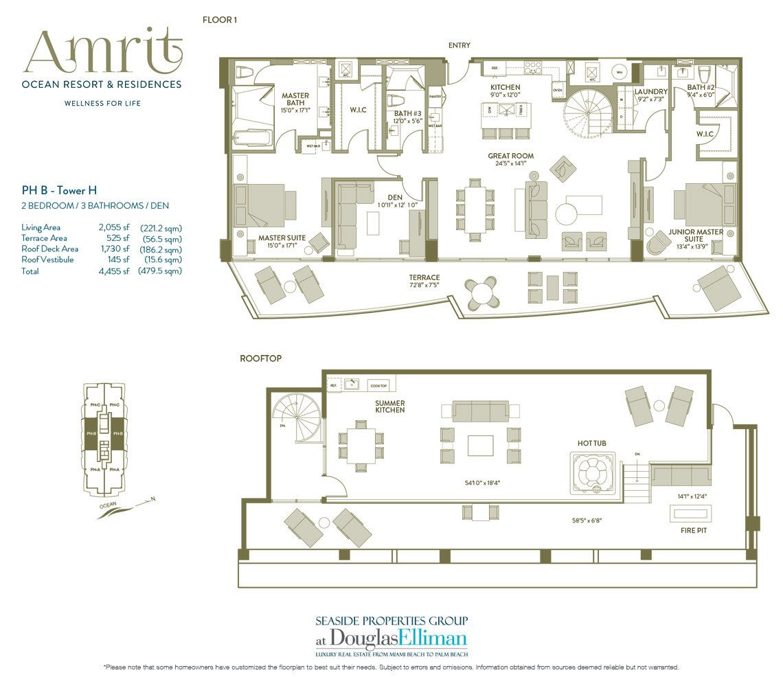 The Penthouse B, Tower H Floorplan at Amrit Ocean Resort and Residences, Luxury Oceanfront Condos on Singer Island, Florida 33404.