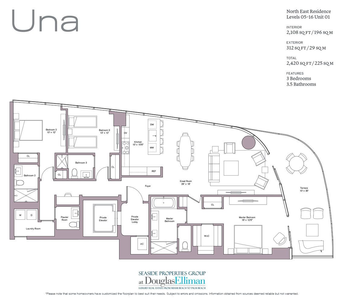 The Level 05-16 Unit 01 Floorplan at Una Residences, Luxury Waterfront Condos in Miami, Florida, Florida 33129.