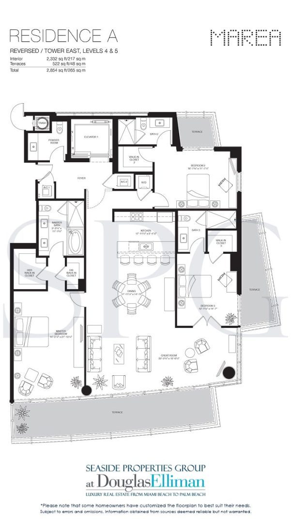 Residence A East Level 4-5 Floorplan for Marea South Beach, Luxury Seaside Condominiums in Miami Beach, Florida 33139