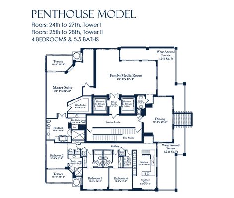 Penthouse Floorplan for The Palms, Tower I South, Luxury Oceanfront Condo in Fort Lauderdale, Florida 33305